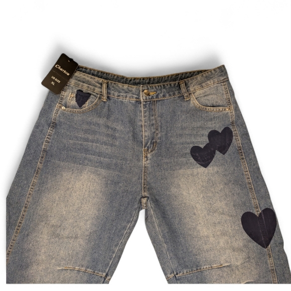 NWT Chartou Barrel Y2K Light Wash Jeans Heart Print Valentines Day Women Size XL - Picture 4 of 6
